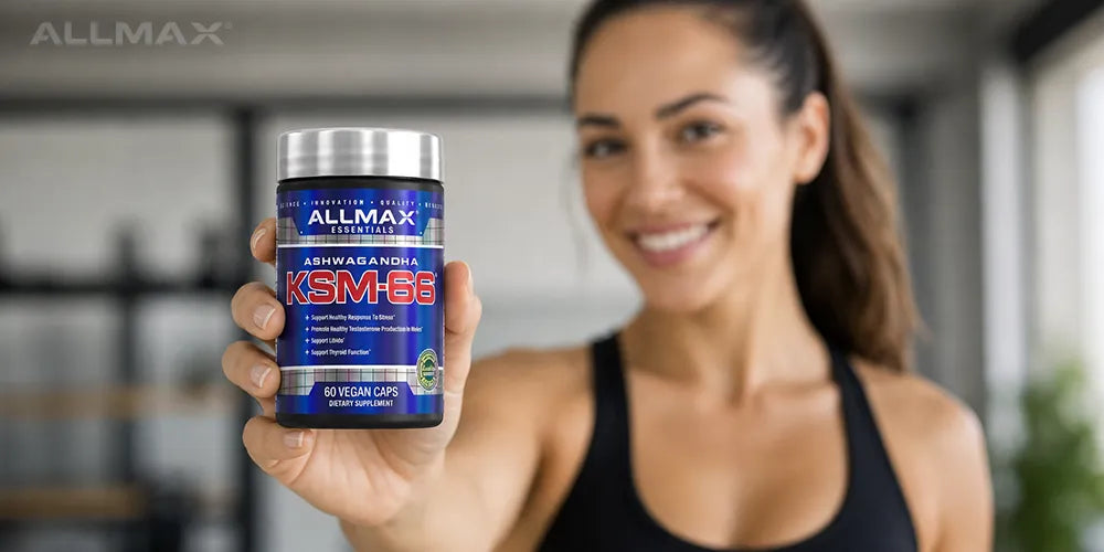 a woman holding ALLMAX KSM-66 Ashwagandha