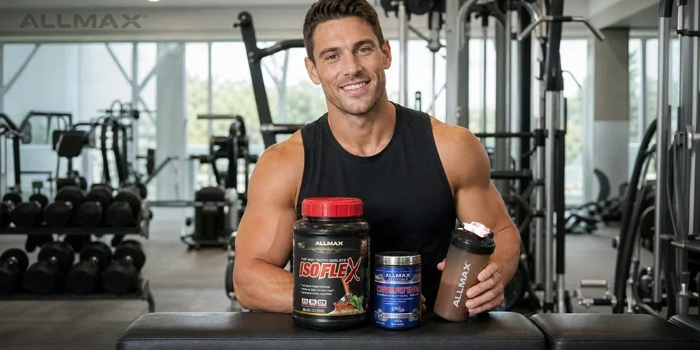 a man with Allmax IsoFlex + creatine + shaker
