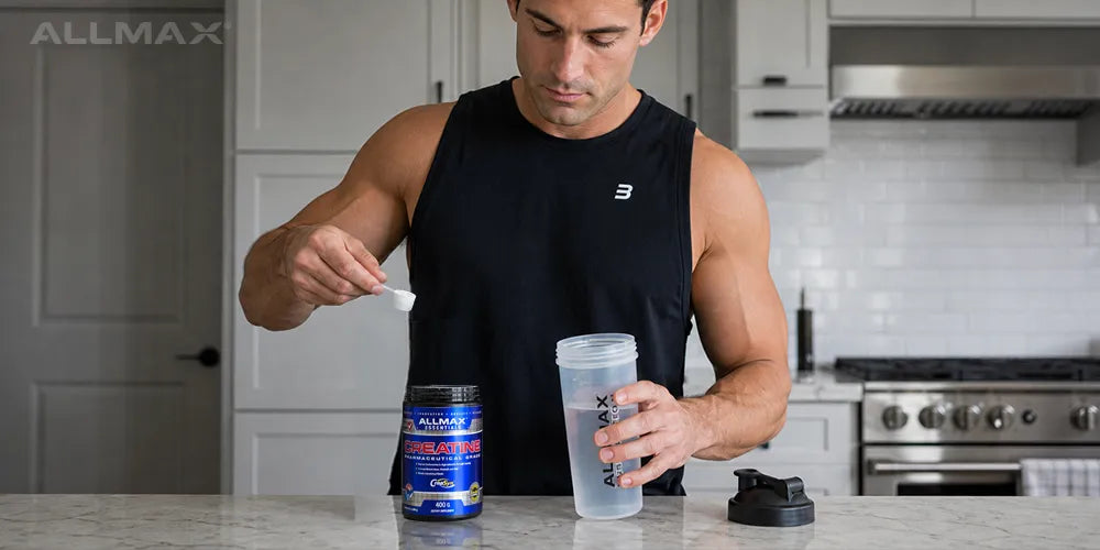 a man scooping allmax creatine into a shaker