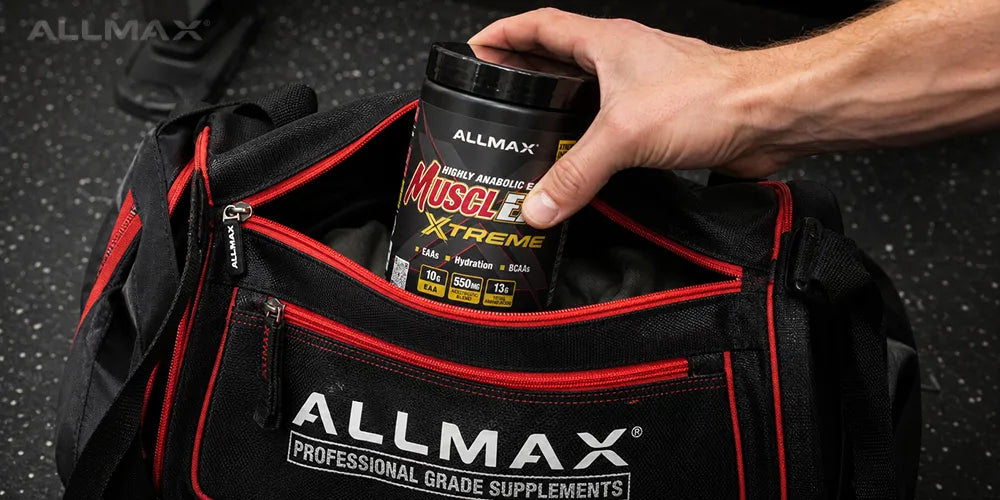 an ALLMAX duffel bag with MusclEAA Xtreme
