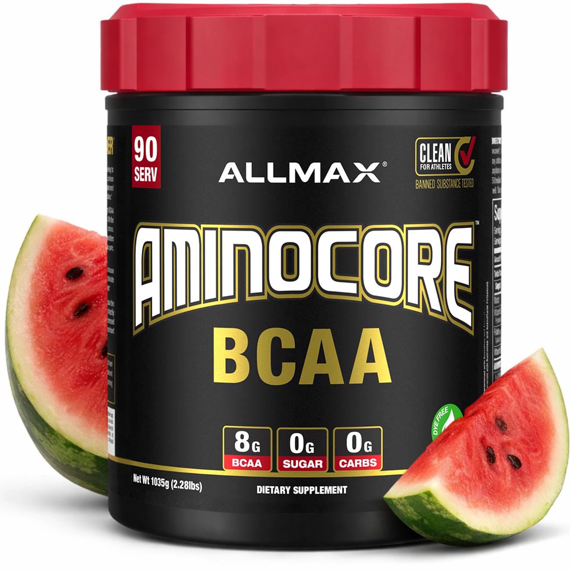 Allmax Aminocore BCAA supplement container with watermelon slices on a white background