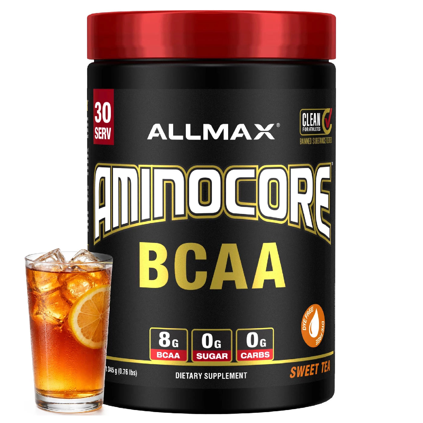 Allmax Aminocore BCAA supplement container with a glass of iced tea on a white background