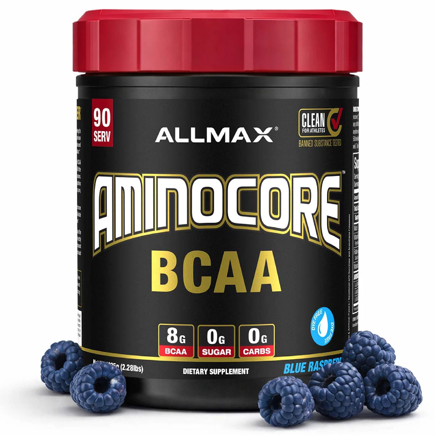 Allmax Aminocore BCAA supplement container with blueberries on a white background