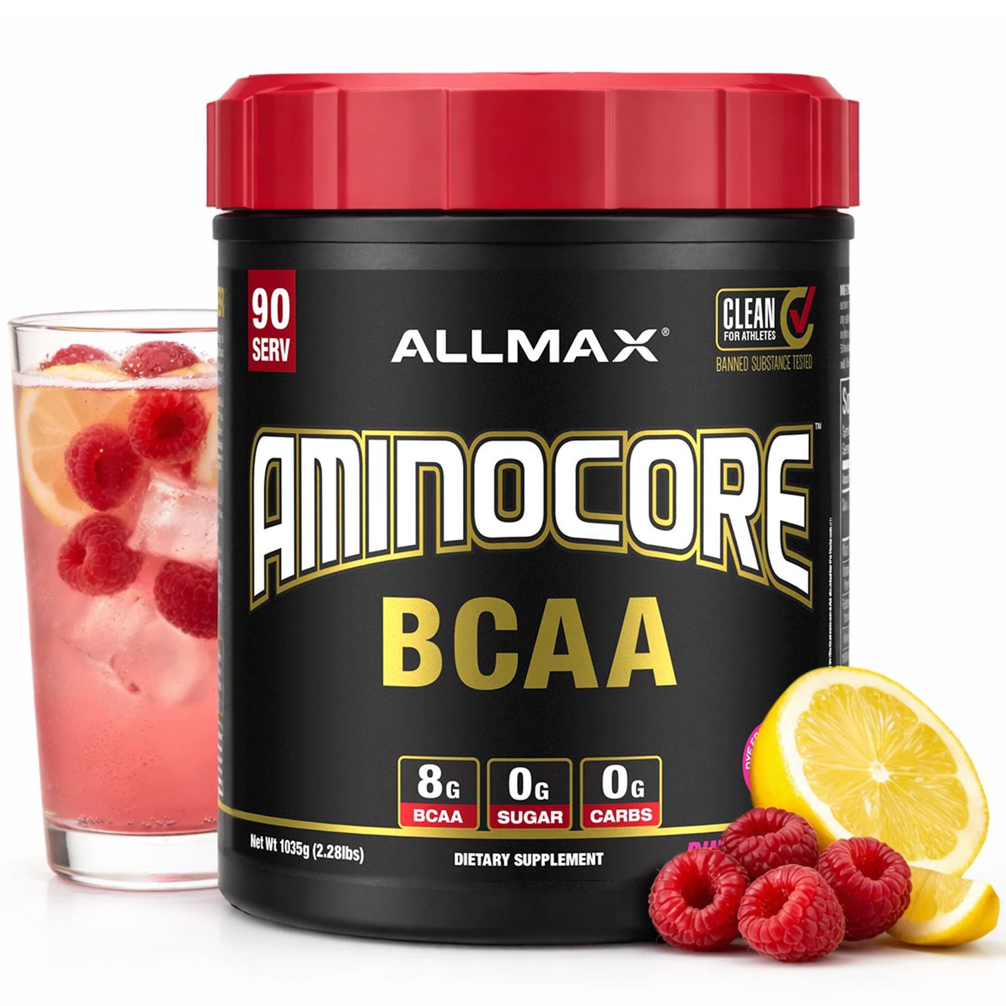 Allmax Aminocore BCAA supplement container with a glass of lemonade and raspberries on a white background