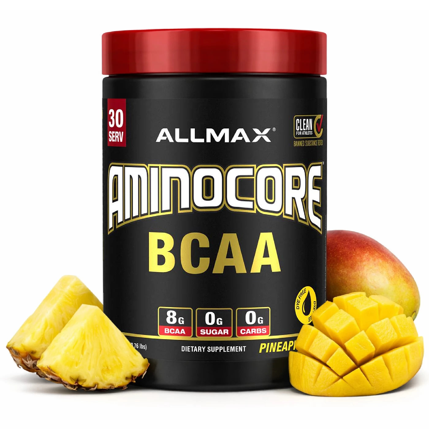 Allmax Aminocore BCAA supplement with pineapple and mango on a white background