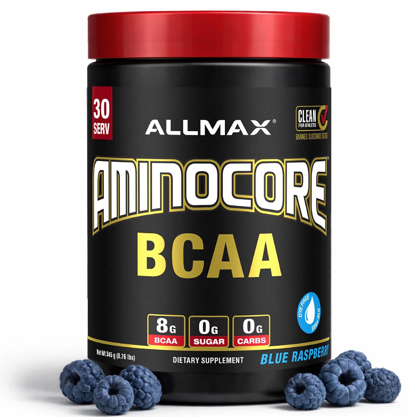 Allmax Aminocore BCAA supplement container with blueberries on a white background