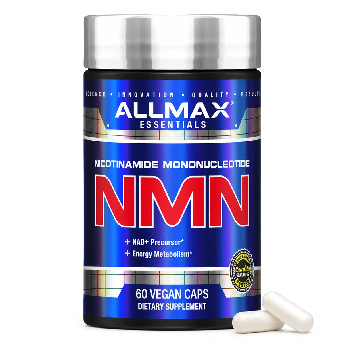 A bottle of Allmax Essentials NMN dietary supplement with two white capsules in the foreground, on a white background.