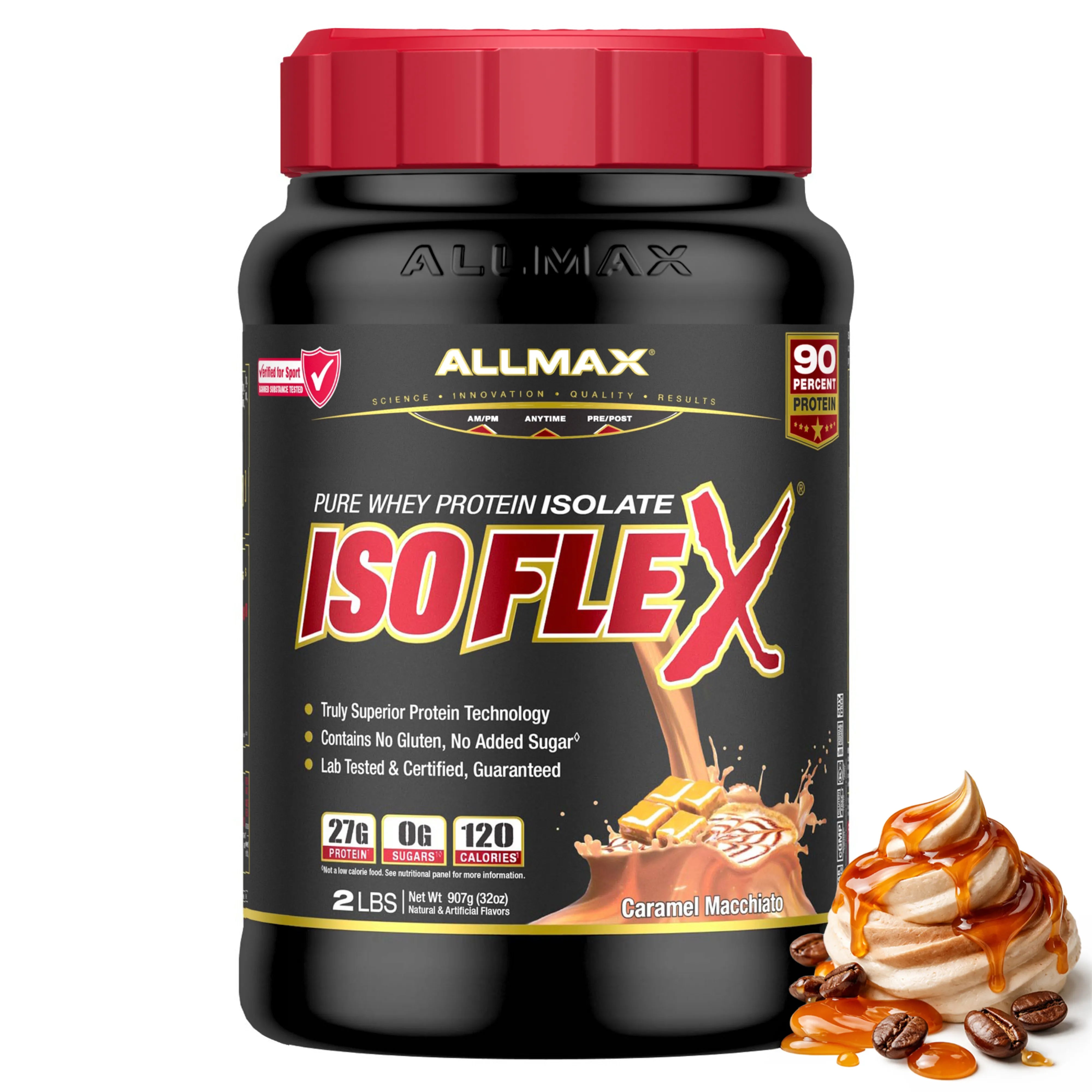 A black tub of Allmax IsoFlex Pure Whey Protein Isolate in Caramel Macchiato flavor, featuring a red cap and a graphic of caramel swirls and coffee beans on the front label.