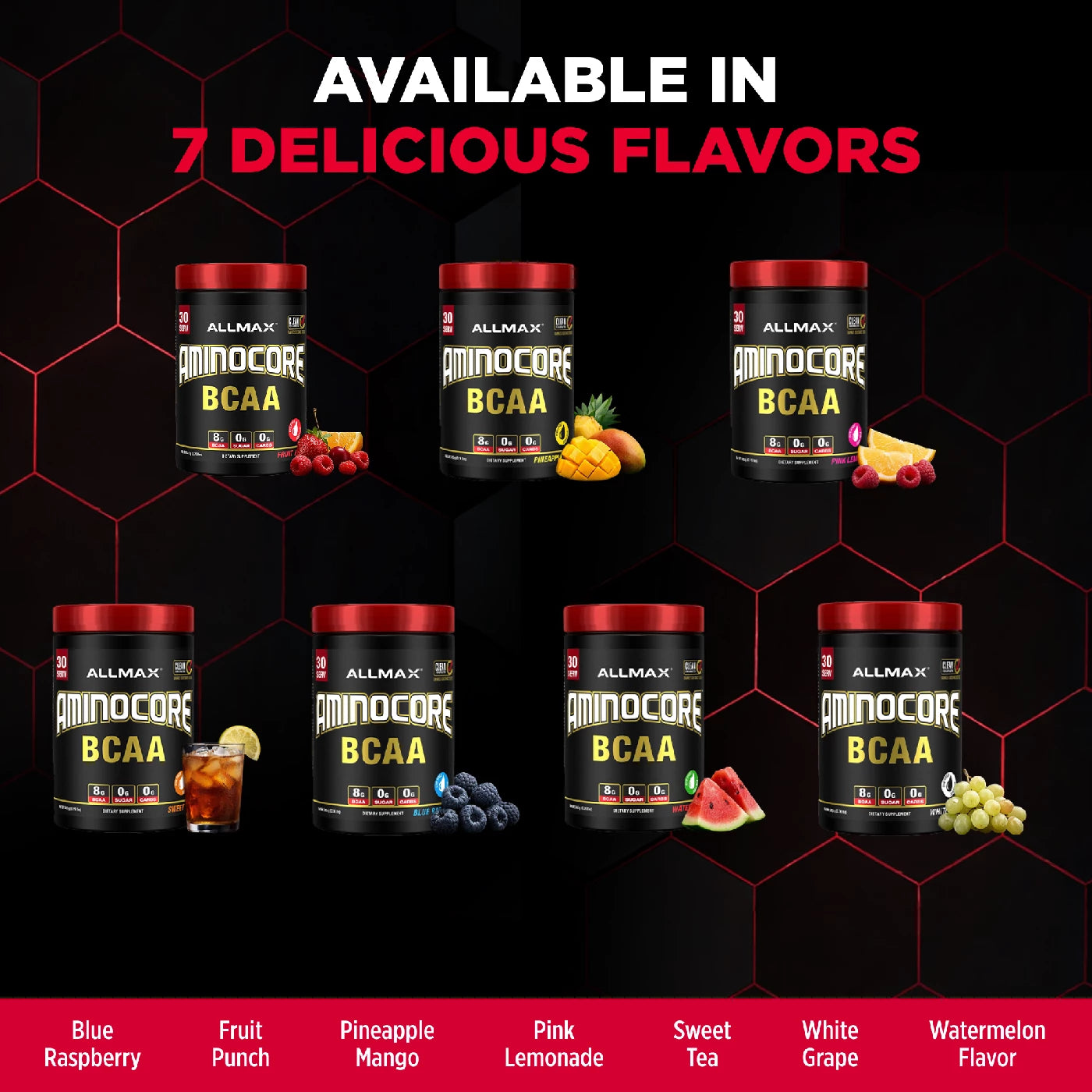 Allmax Aminocore BCAA supplement containers with flavor options on a black background