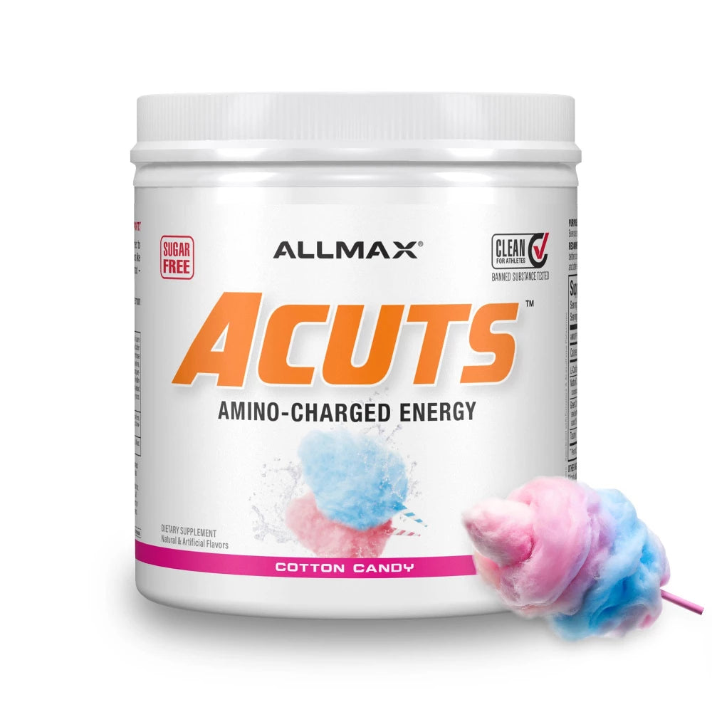 Allmax Acuts aminocharged energy supplement container with cotton candy flavor illustration on a white background
