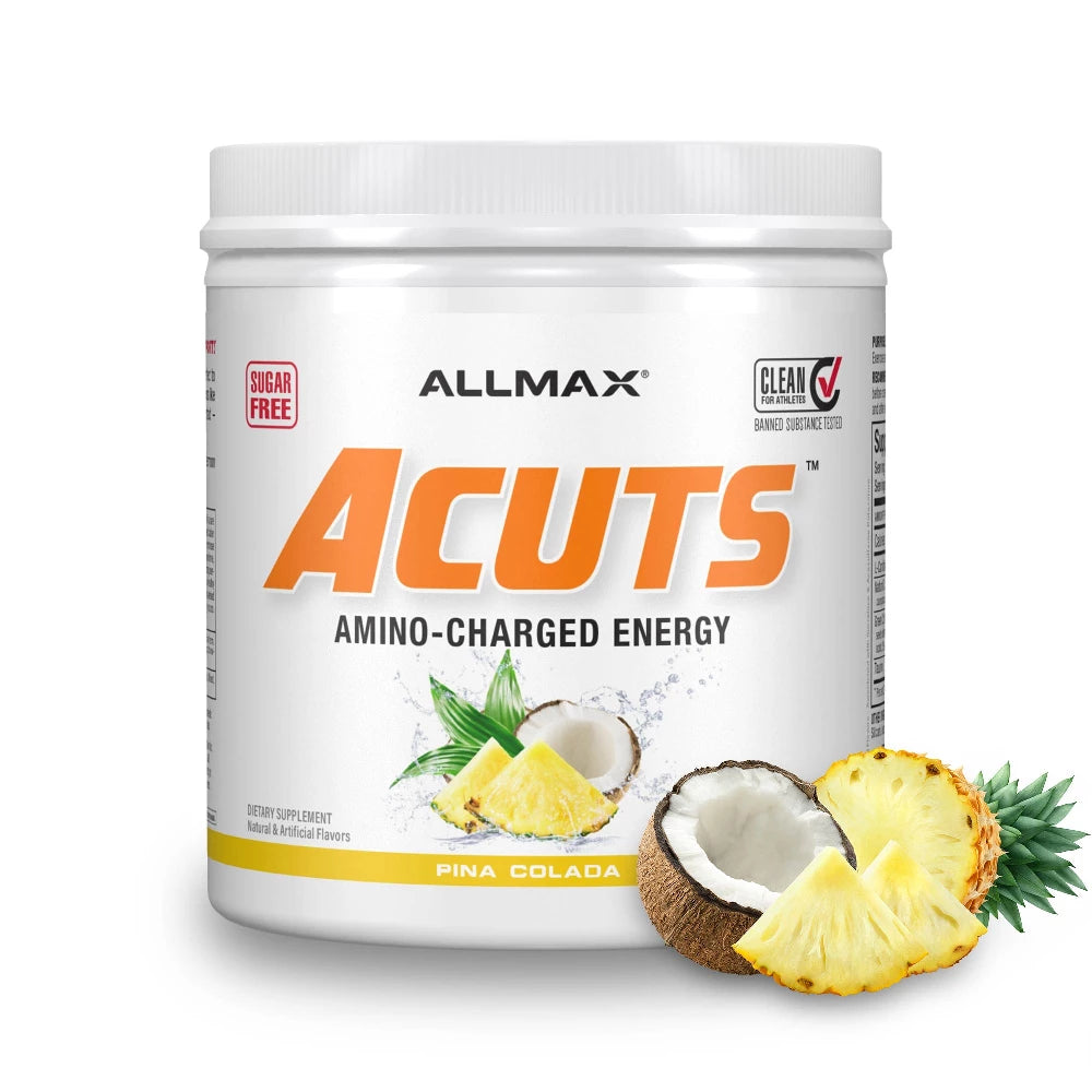 Allmax ACUTS aminocharged energy supplement container with pina colada flavor on a white background