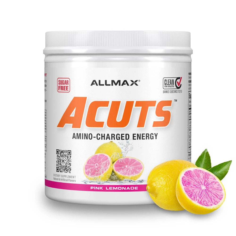 Allmax Acuts amino-charged energy supplement with pink lemonade flavor on a white background