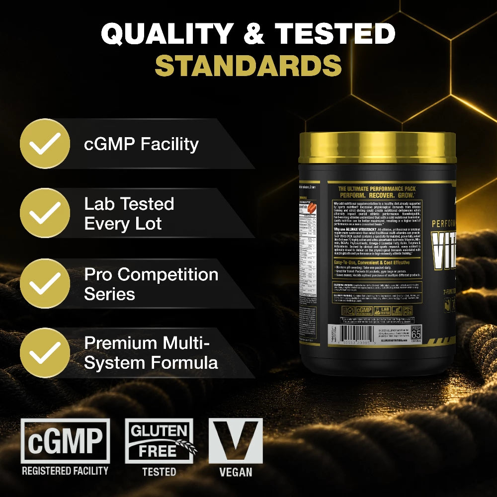 Supplement container with quality and testing standards on a dark background