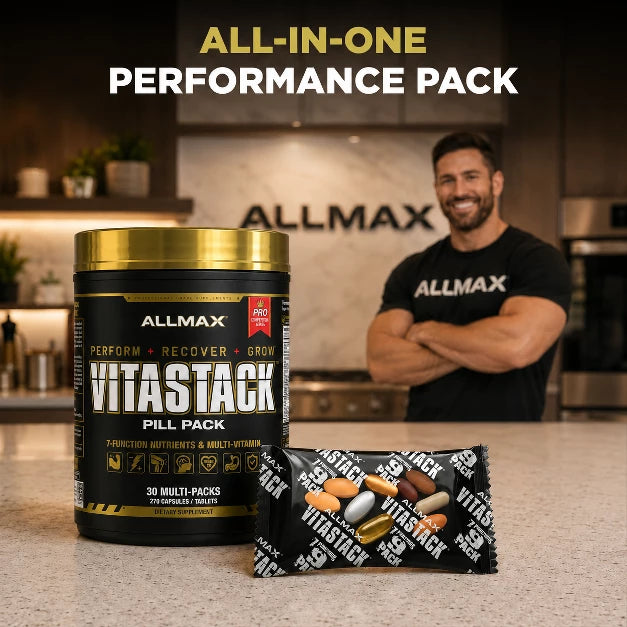 Allmax Vitastack supplement pack with a person in a kitchen setting