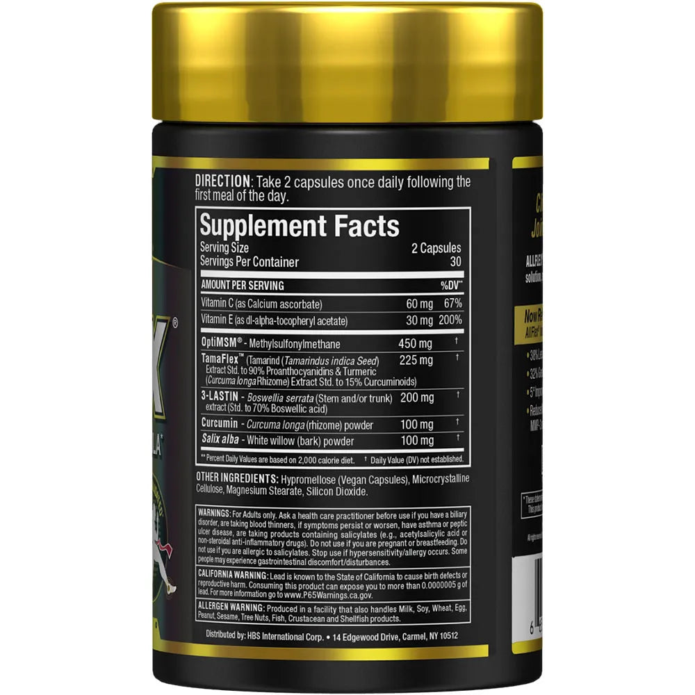 Supplement container with gold lid and black label displaying supplement facts.