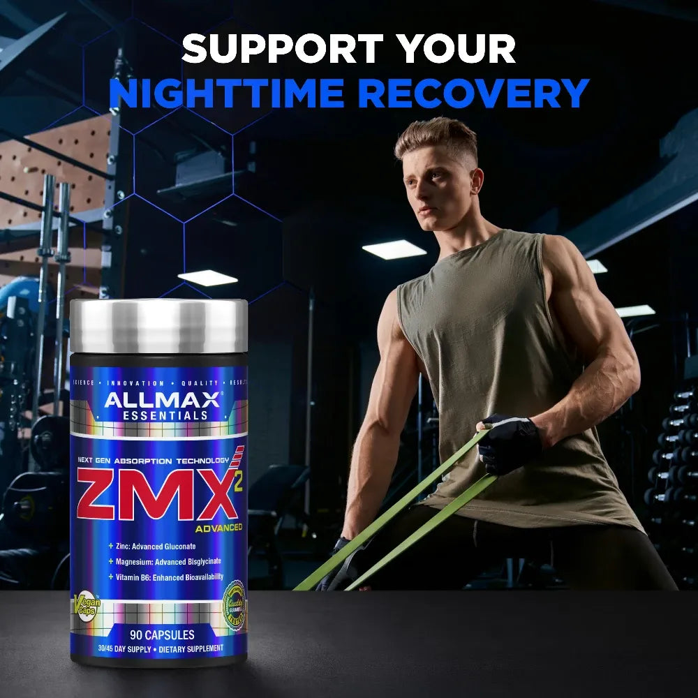 A bottle of ZMX Advanced dietary supplement by Allmax Essentials is shown in the foreground, with a muscular man exercising with resistance bands in a gym in the background. The text 'SUPPORT YOUR NIGHTTIME RECOVERY' is displayed at the top.
