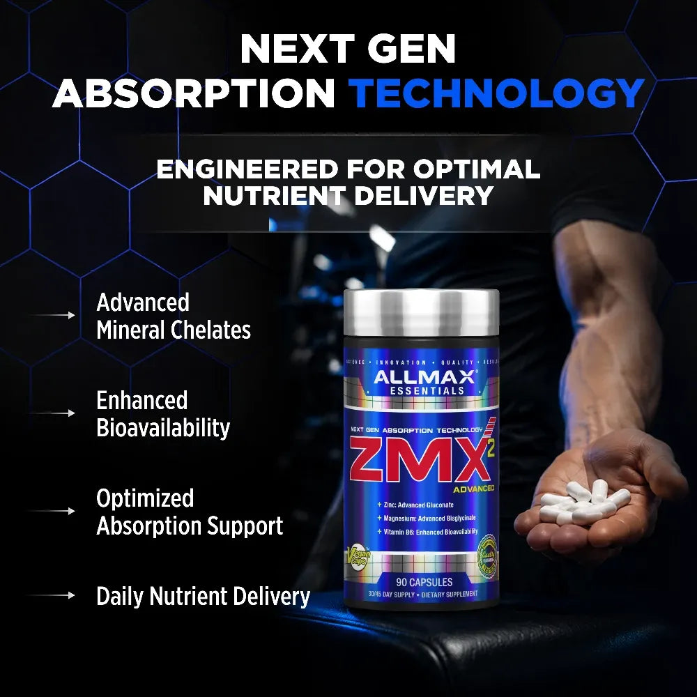 A bottle of Allmax Essentials ZMX Advanced supplement capsules is shown against a dark promotional background with text highlighting next-gen absorption technology. A person's hand holding white capsules is visible on the right side.