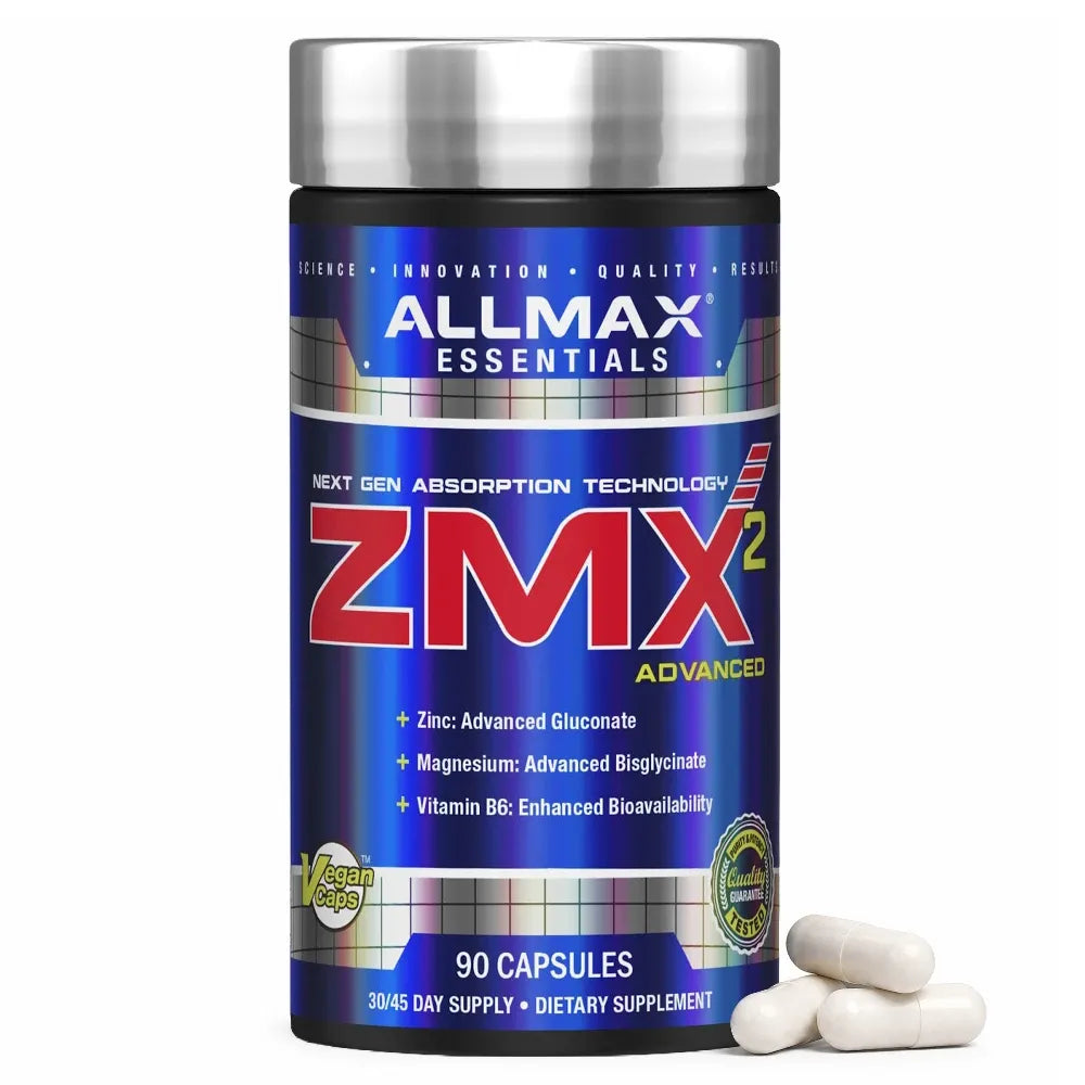 A bottle of AllMax Essentials ZMX 2 Advanced dietary supplement capsules with three white capsules resting in front, set against a plain white background.