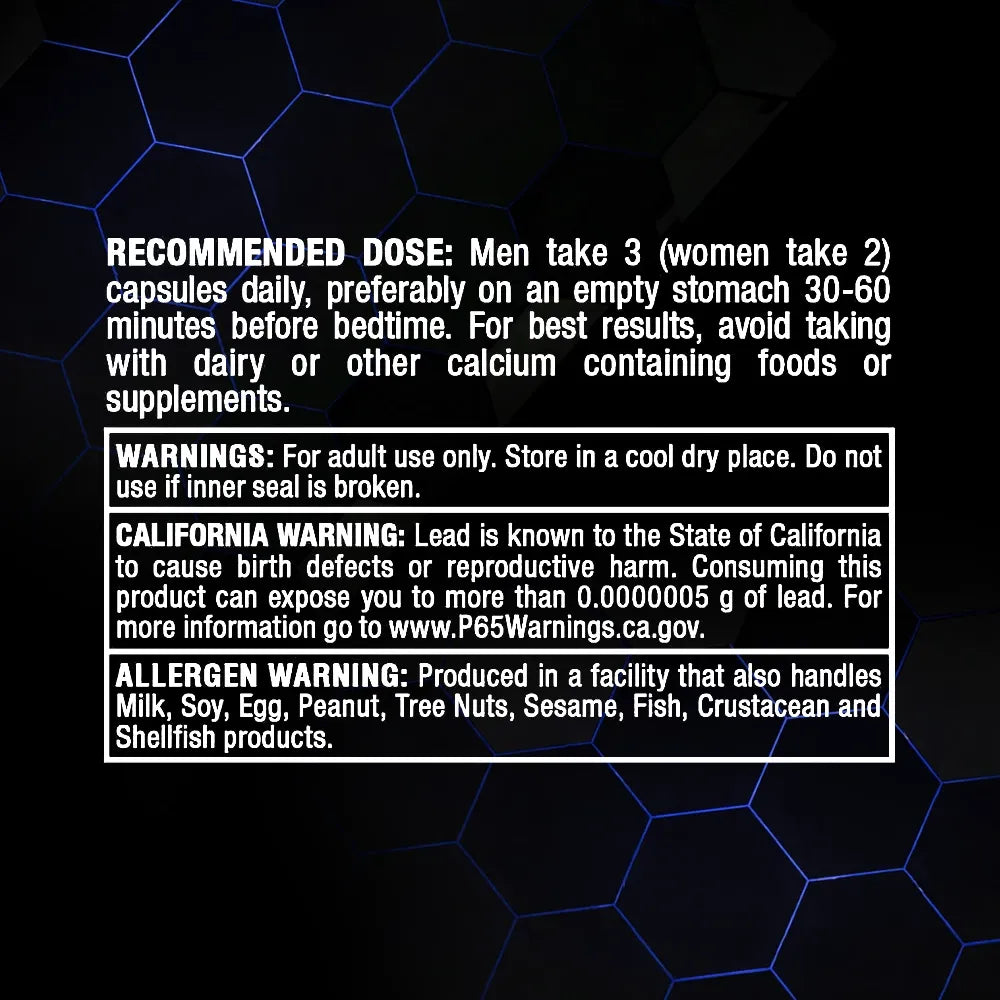 A black informational panel with blue hexagonal line art and white text showing recommended dosage, warnings, and allergen information for a supplement.