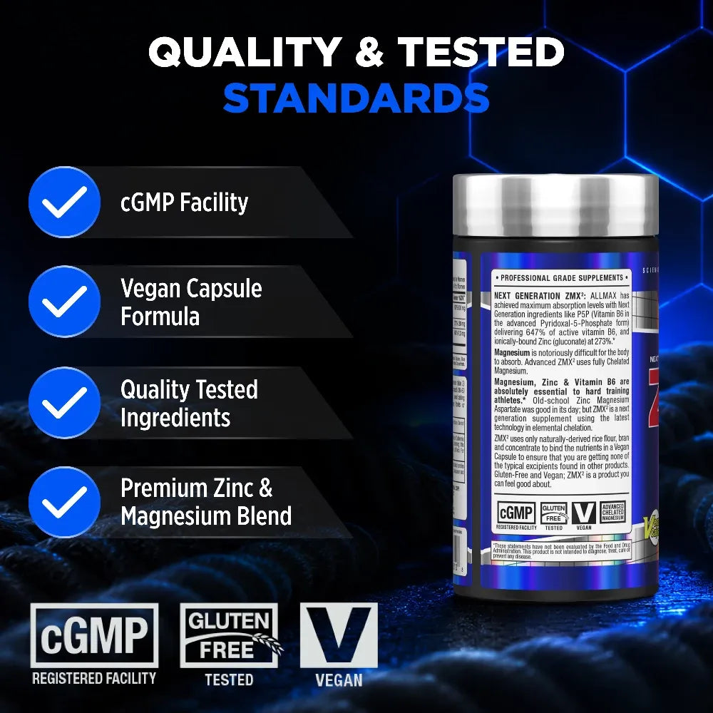 A ZMX supplement bottle shown on a dark promotional background with text highlighting cGMP facility, vegan capsule formula, quality tested ingredients, premium zinc and magnesium blend, and quality standards.