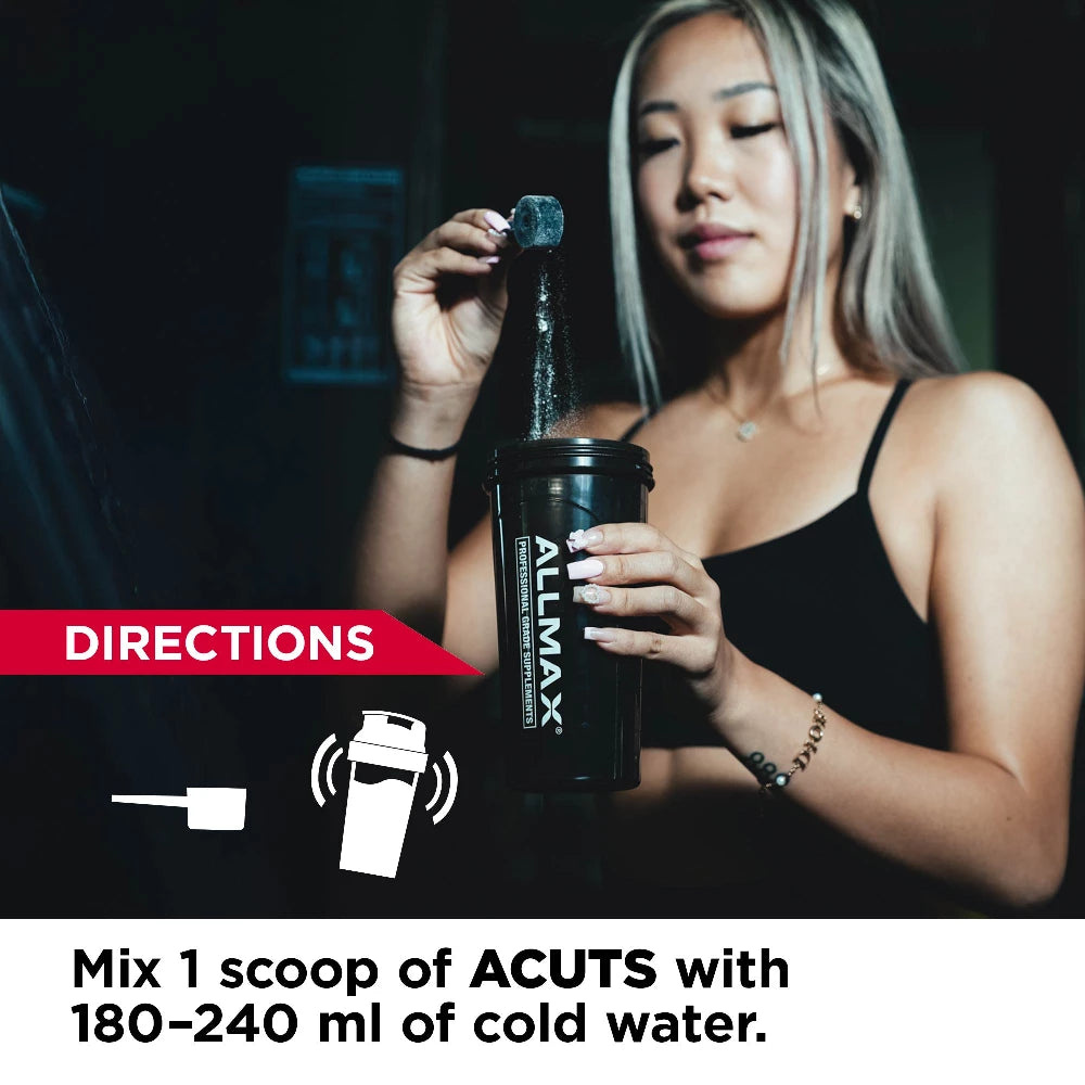 Person holding a supplement container with Allmax branding and directions for use displayed.