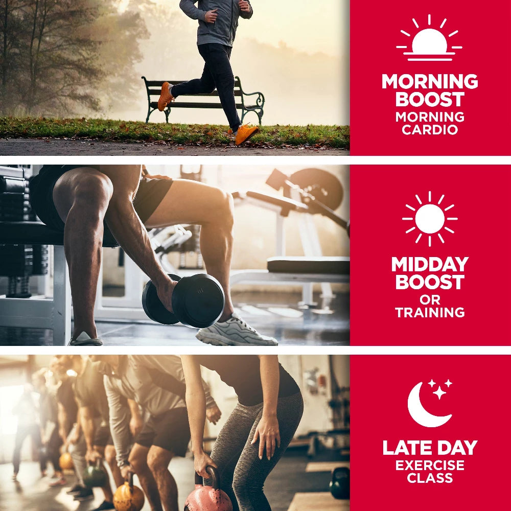 Three scenes of people exercising with text indicating 'Morning Boost', 'Midday Boost or Training', and 'Late Day Exercise Class' on a red background.