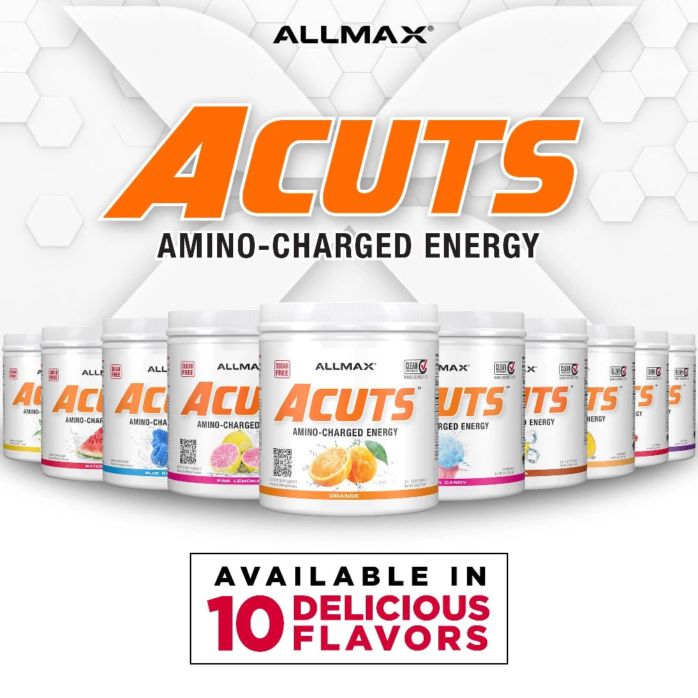 Allmax Acuts amino-charged energy supplement containers on a white background