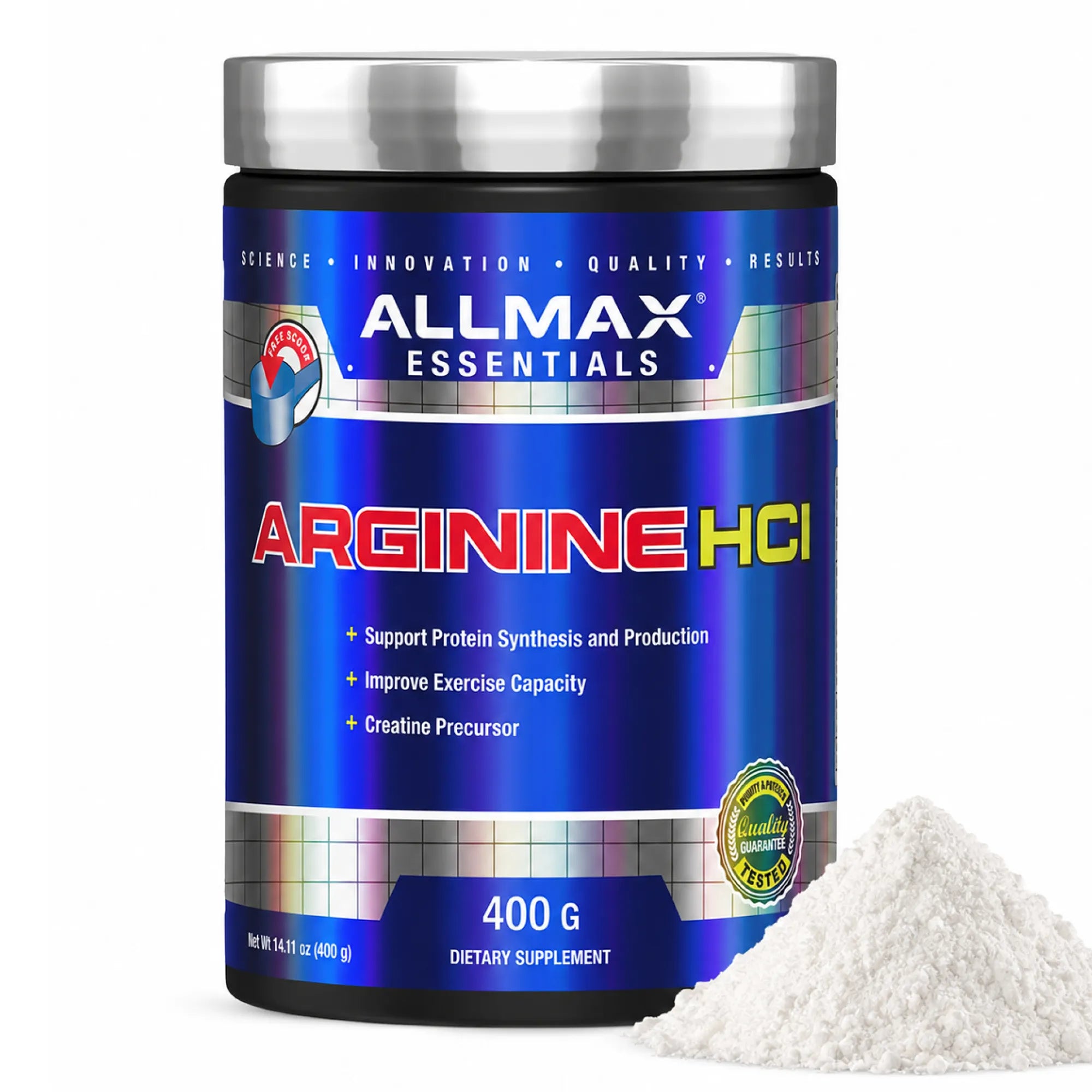 A black plastic tub of Allmax Essentials Arginine HCl dietary supplement with a silver lid, shown on a white background with a small pile of white powder in front.