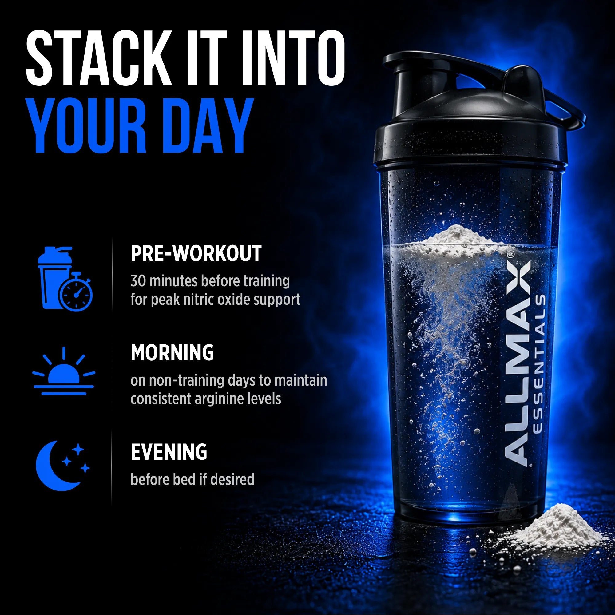 A black shaker bottle labeled 'ALLMAX ESSENTIALS' filled with a blue liquid and white powder, shown on a dark blue background with workout text and icons on the left.