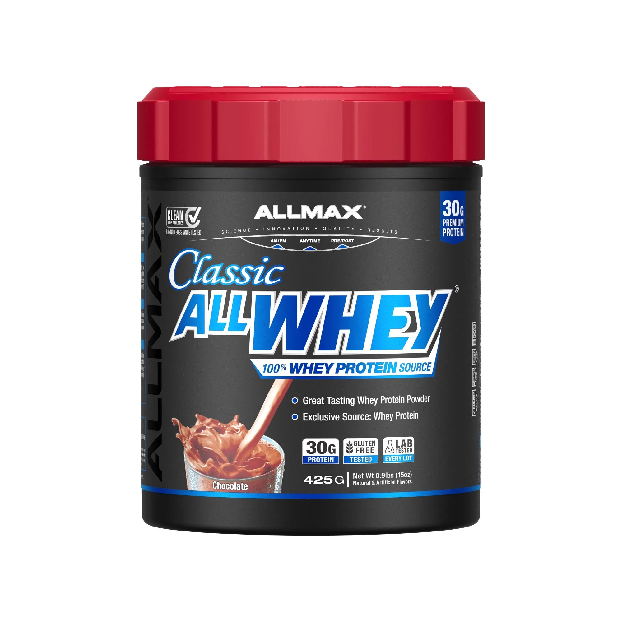 A tub of Allmax Classic AllWhey protein powder in chocolate flavor, featuring a black label with blue and white text and a red lid, on a white background.