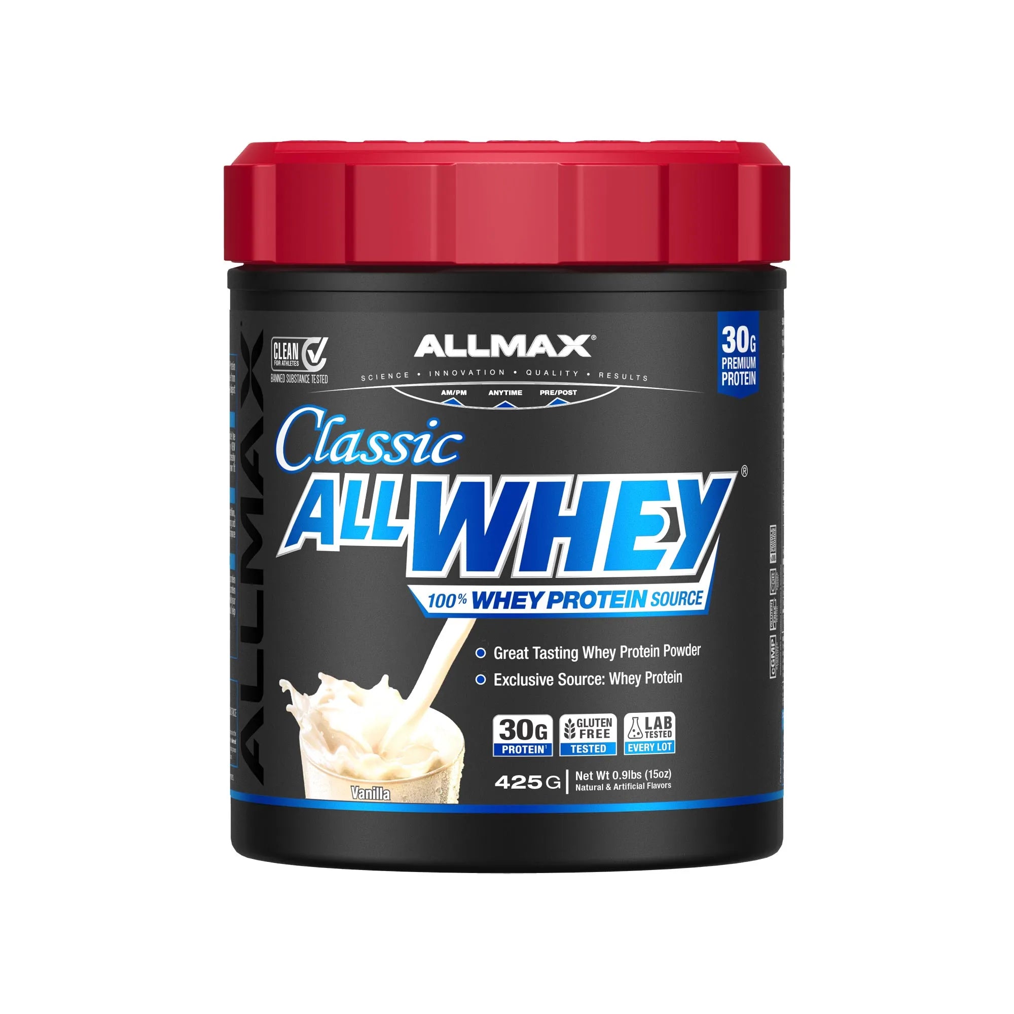 A tub of Allmax Classic AllWhey protein powder on a plain white background. The container is black with a red lid and features blue and white branding.