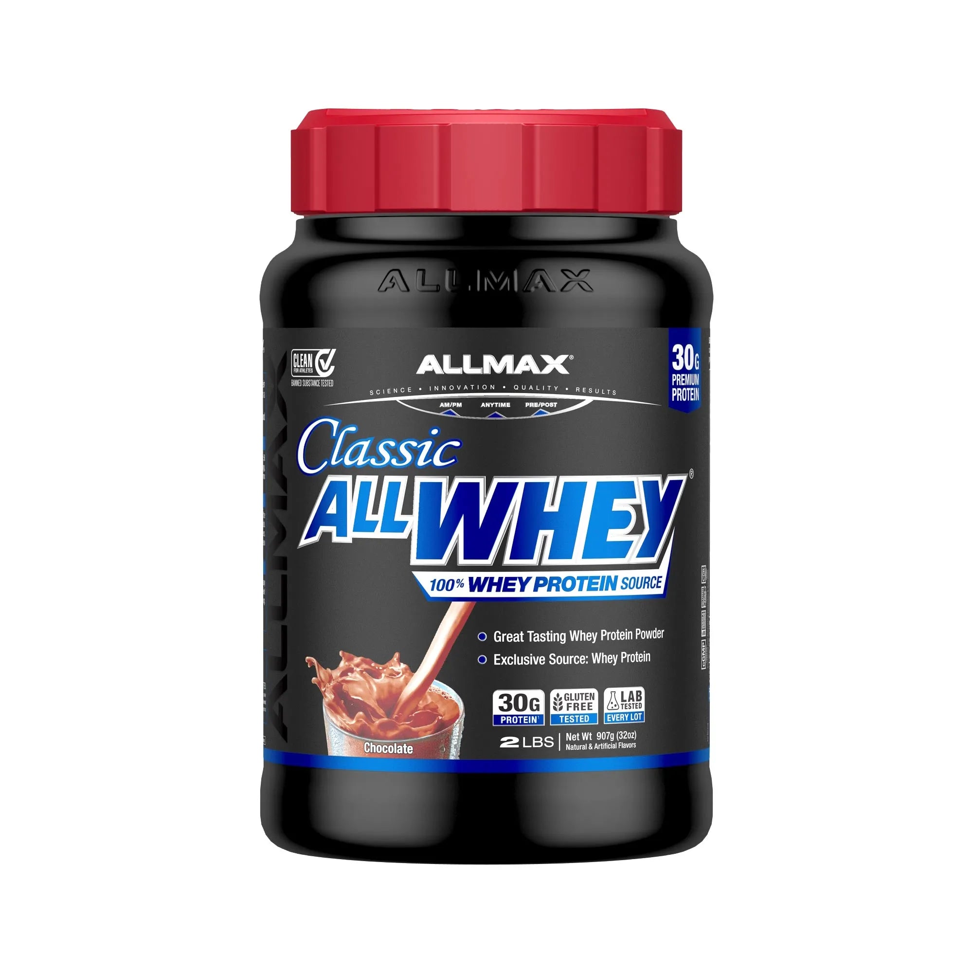 A tub of Allmax Classic AllWhey 100% Whey Protein Powder in Chocolate flavor, featuring a black container with a red lid and a detailed label.