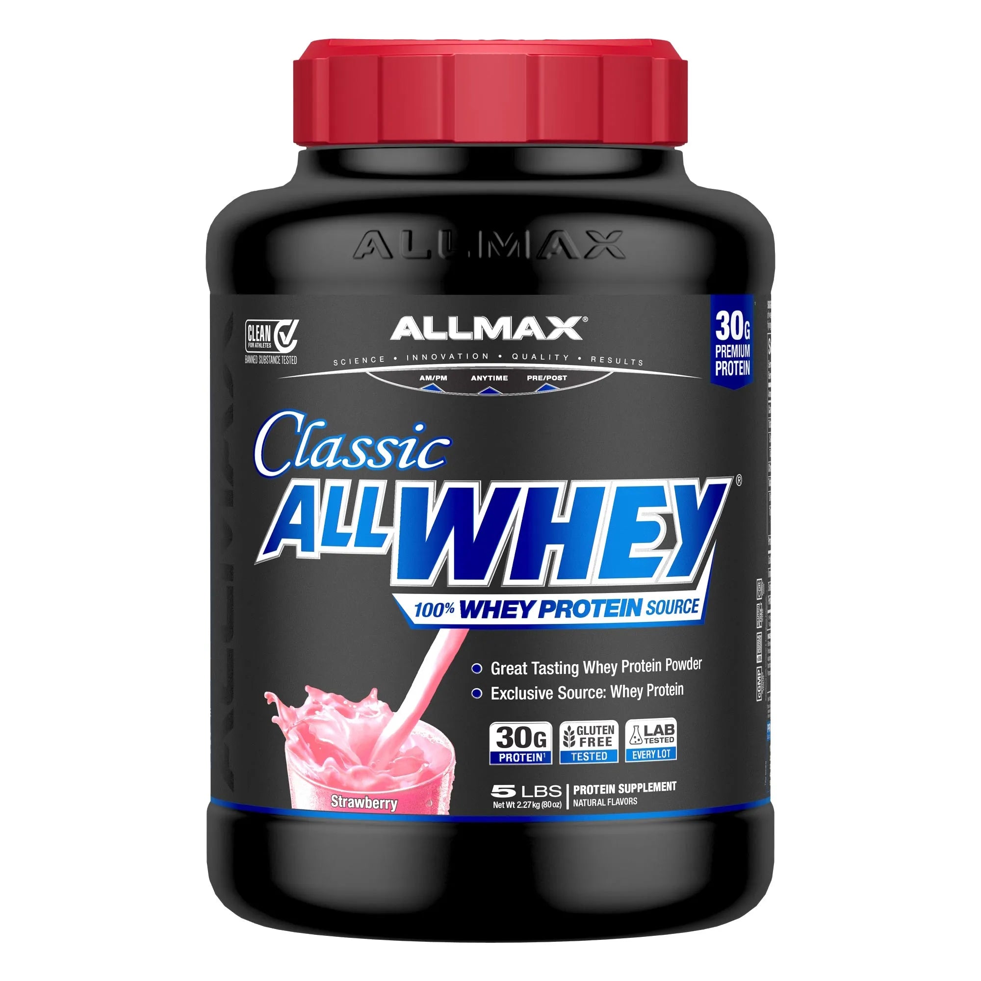 A black tub of Allmax Classic AllWhey protein powder with a red cap, featuring a black label with blue and white text and a pink milkshake graphic.