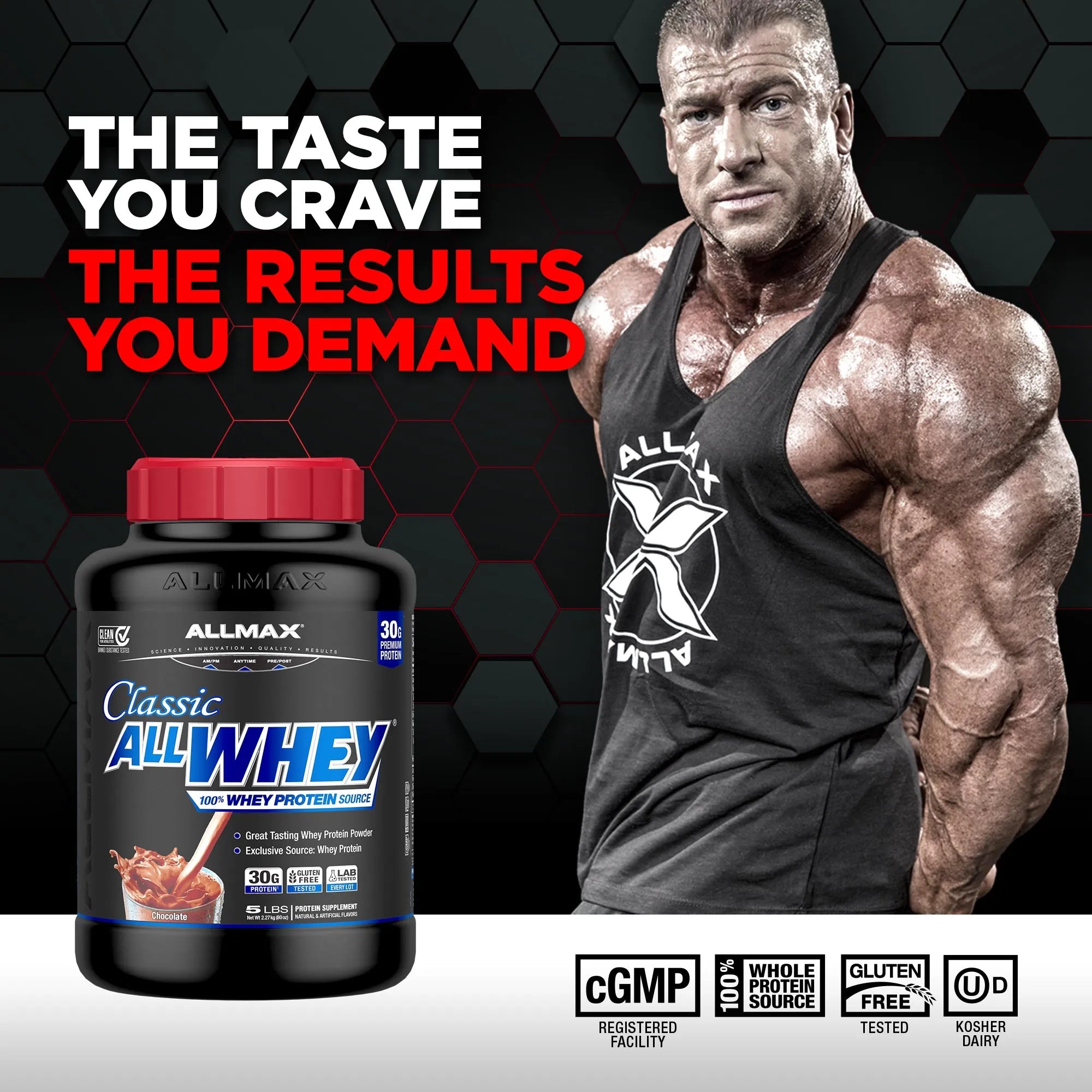 Allmax Classic AllWhey protein powder tub shown next to a muscular man wearing a black tank top with the Allmax logo, with promotional text 'THE TASTE YOU CRAVE THE RESULTS YOU DEMAND' on a dark hexagonal background.