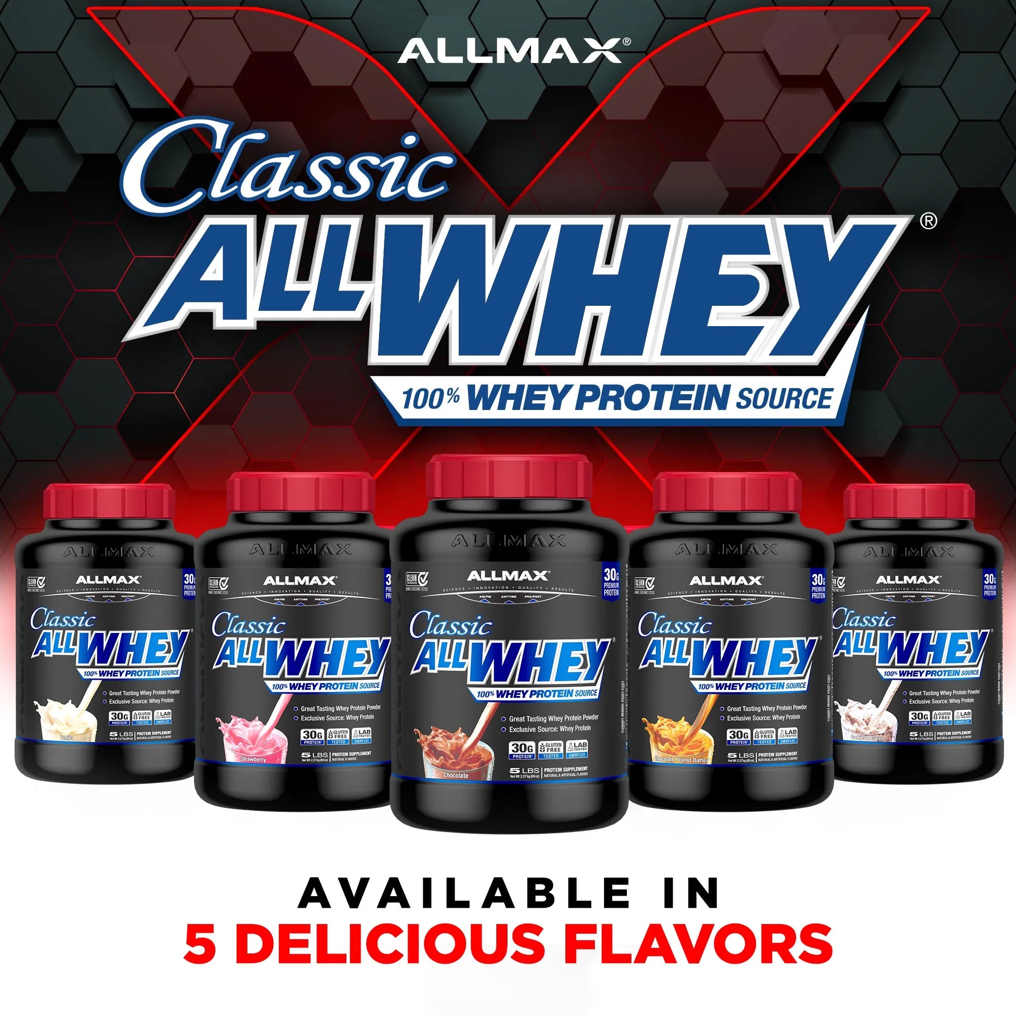 Five black tubs of Allmax Classic AllWhey protein powder with red lids are lined up against a dark hexagonal background with large white and blue Allmax branding. Text at the bottom reads 'AVAILABLE IN 5 DELICIOUS FLAVORS'.
