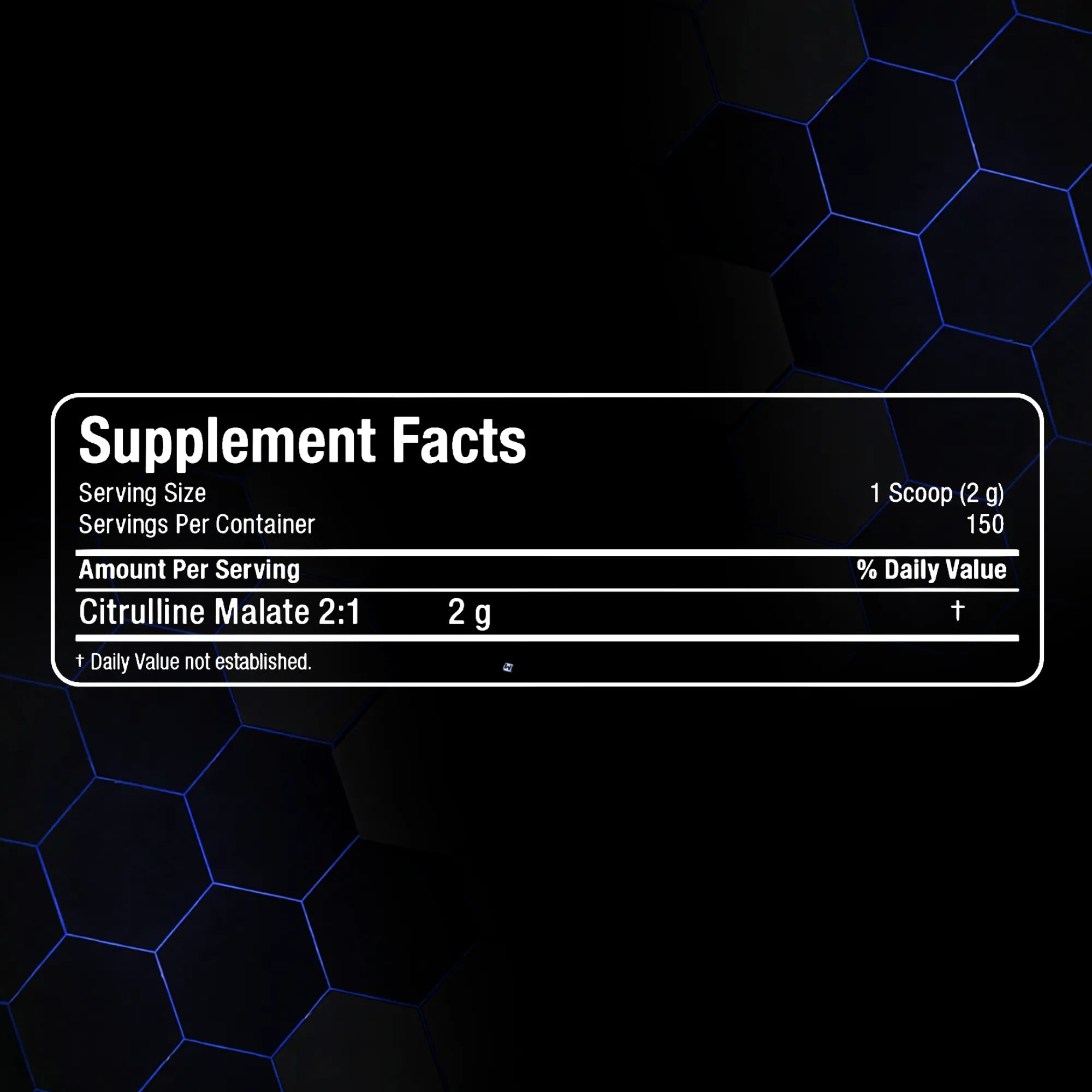 A supplement facts label reading 'Supplement Facts' with 'Citrulline Malate 2:1 2 g' on a black background with blue hexagonal line patterns.