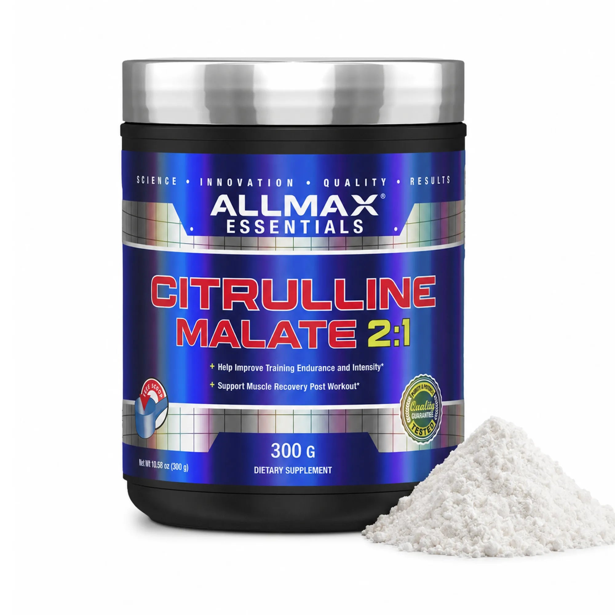 A black plastic tub of Allmax Essentials Citrulline Malate 2:1 dietary supplement with a metallic silver lid and a blue label, shown next to a small pile of white powder on a white background.