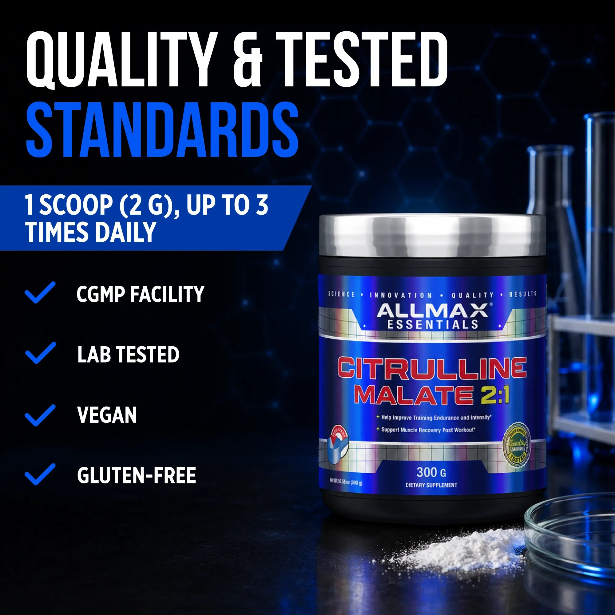 A jar of Allmax Essentials Citrulline Malate 2:1 dietary supplement on a dark blue background with promotional text highlighting quality, testing, and product features.