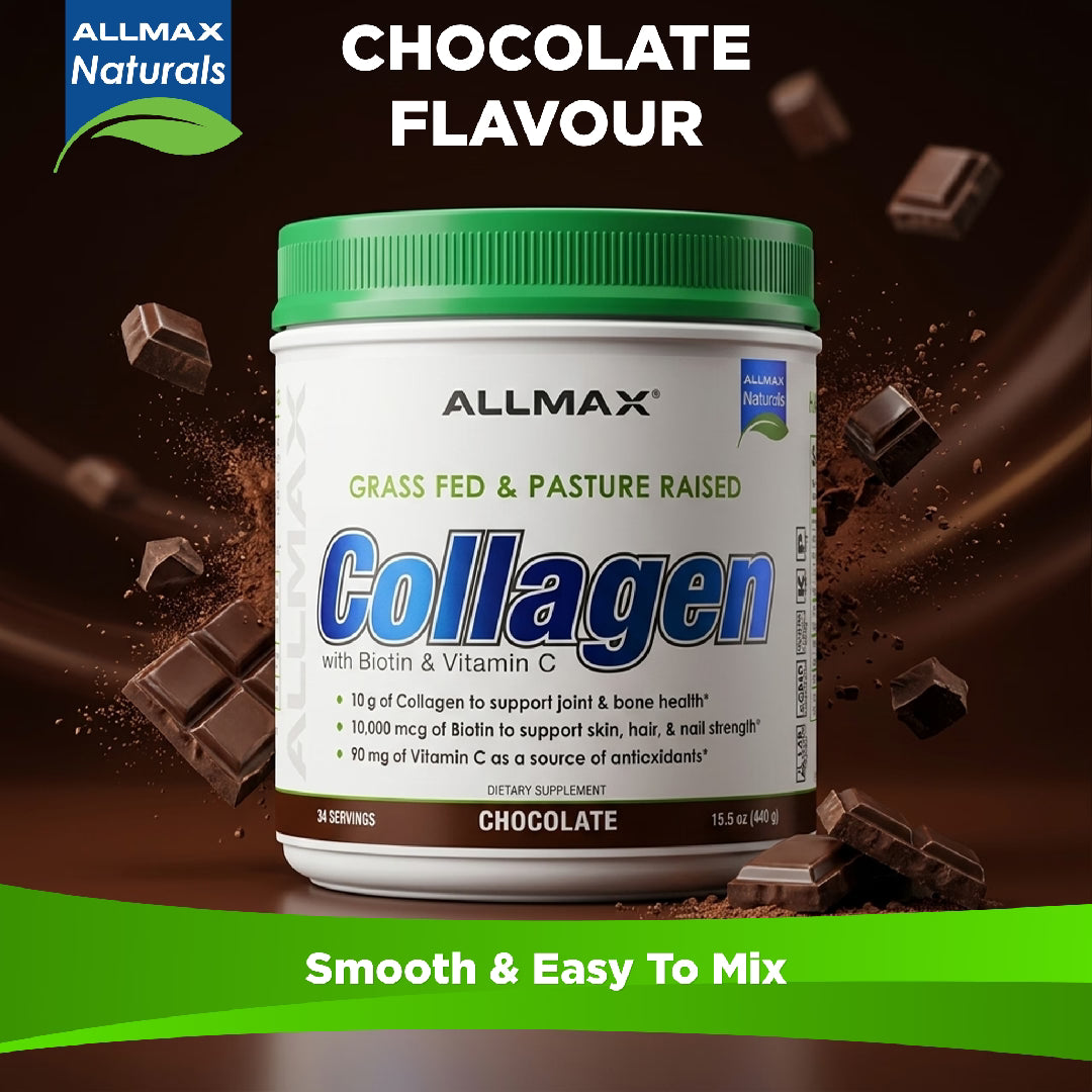 Allmax Naturals collagen supplement with chocolate flavour on a dark background