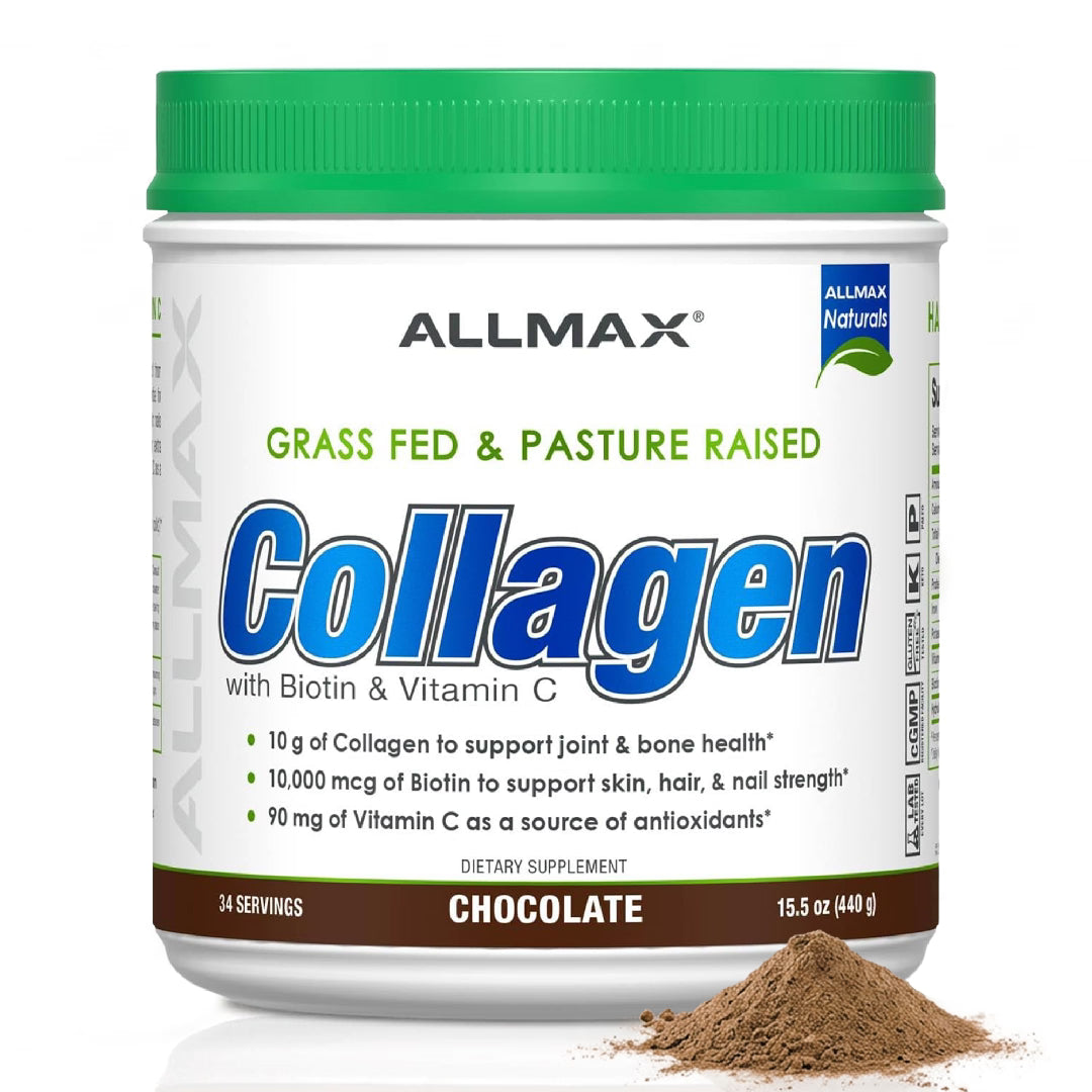 Allmax Naturals collagen supplement with green lid and white body on a white background