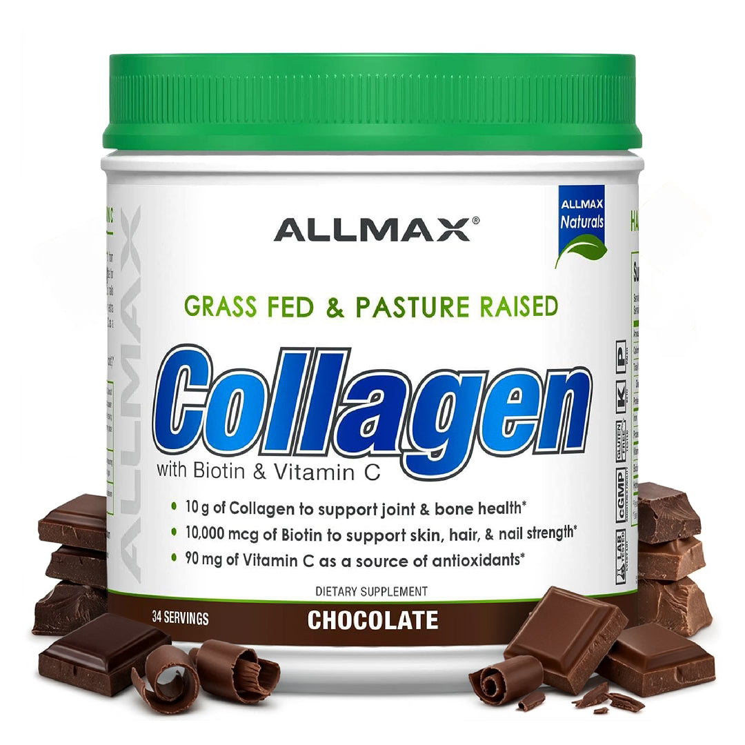 Allmax Collagen supplement container with chocolate pieces on a white background