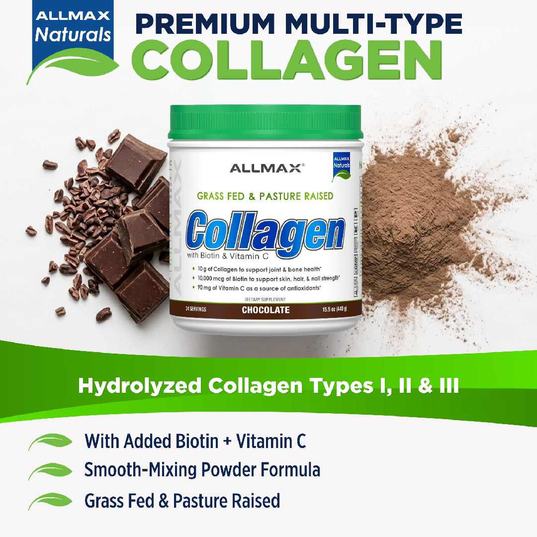 Allmax Naturals collagen powder with chocolate pieces and powder on a white background