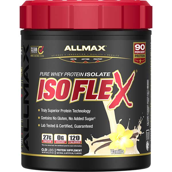 Allmax ISO FLEX protein supplement container with red lid on a white background