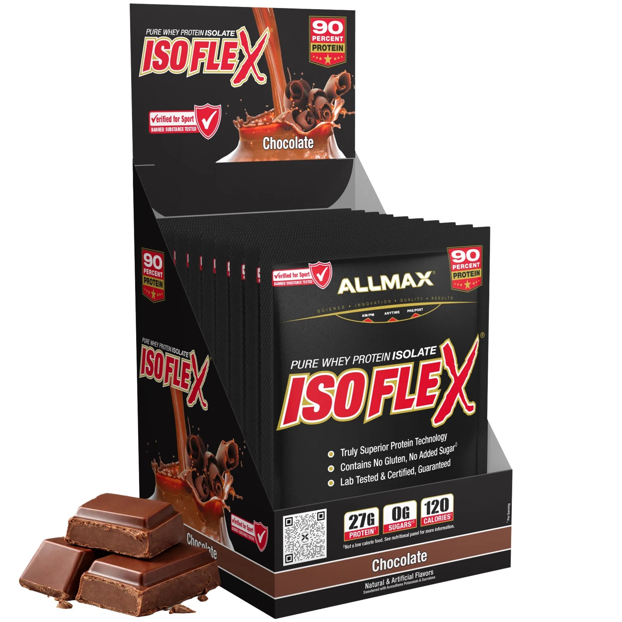 A display box of Allmax Isoflex Chocolate flavored protein powder sticks, shown with several individual packets and three chocolate pieces in the foreground on a white background.