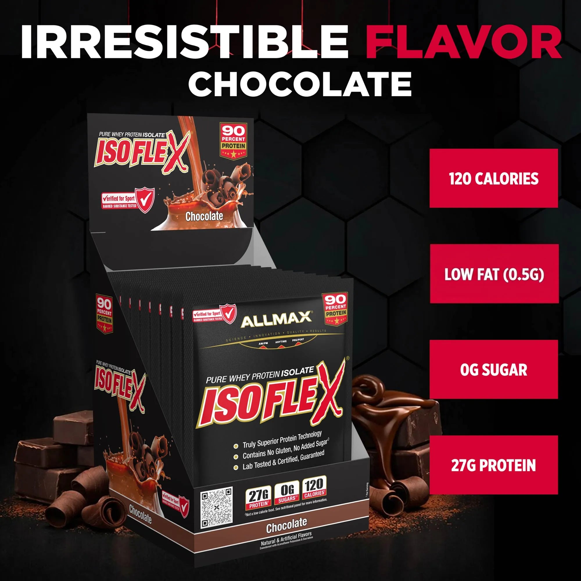 A box of ISOFLEX Allmax protein powder in chocolate flavor, shown with chocolate pieces and text callouts on a dark background. The image includes large text reading 'IRRESISTIBLE FLAVOR CHOCOLATE' and feature badges stating 120 calories, low fat 0.