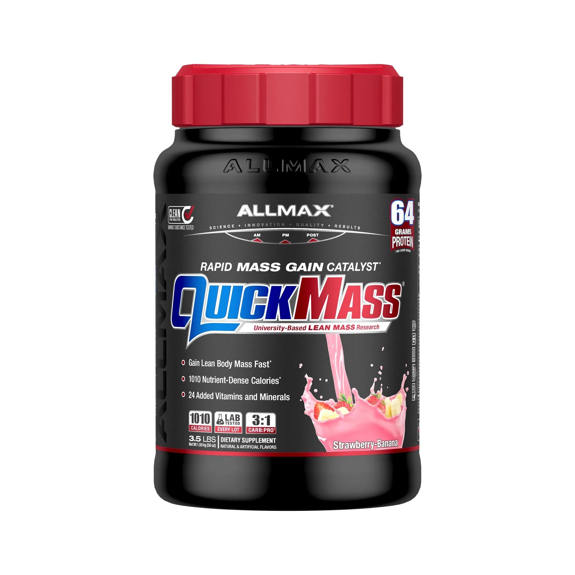 A black plastic bottle of Allmax QuickMass Rapid Mass Gain Catalyst with a red cap, featuring a black label with red, white, and blue text and a pink splash graphic on a white background.