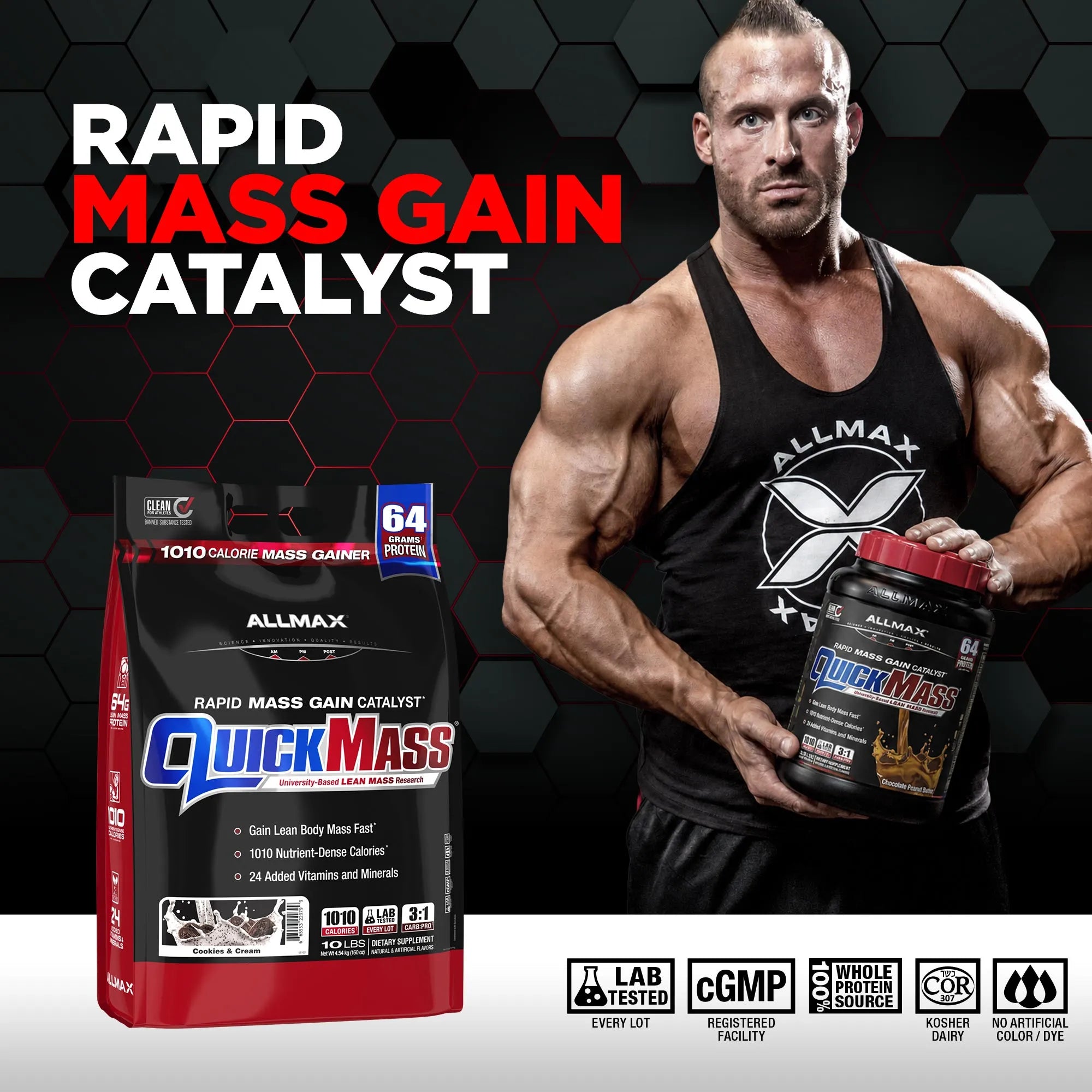 A muscular man in a black Allmax tank top holds a tub of Allmax Quick Mass Rapid Mass Gain Catalyst powder next to its black and red retail bag. The background is black with a dark hexagonal pattern, and the text 'RAPID MASS GAIN CATALYST' is displayed at the top, along with certification logos at the bottom.