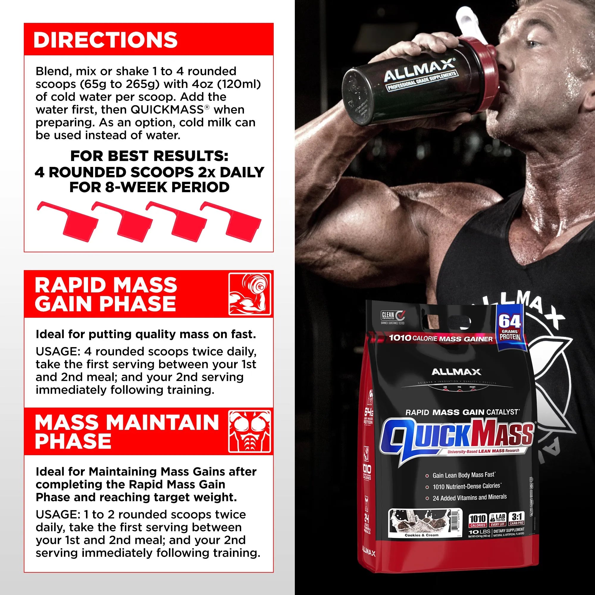 Promotional product graphic for Allmax QuickMass dietary supplement. The left side features white panels with red headers and black text detailing the directions and two phases of usage (Rapid Mass Gain Phase and Mass Maintain Phase).