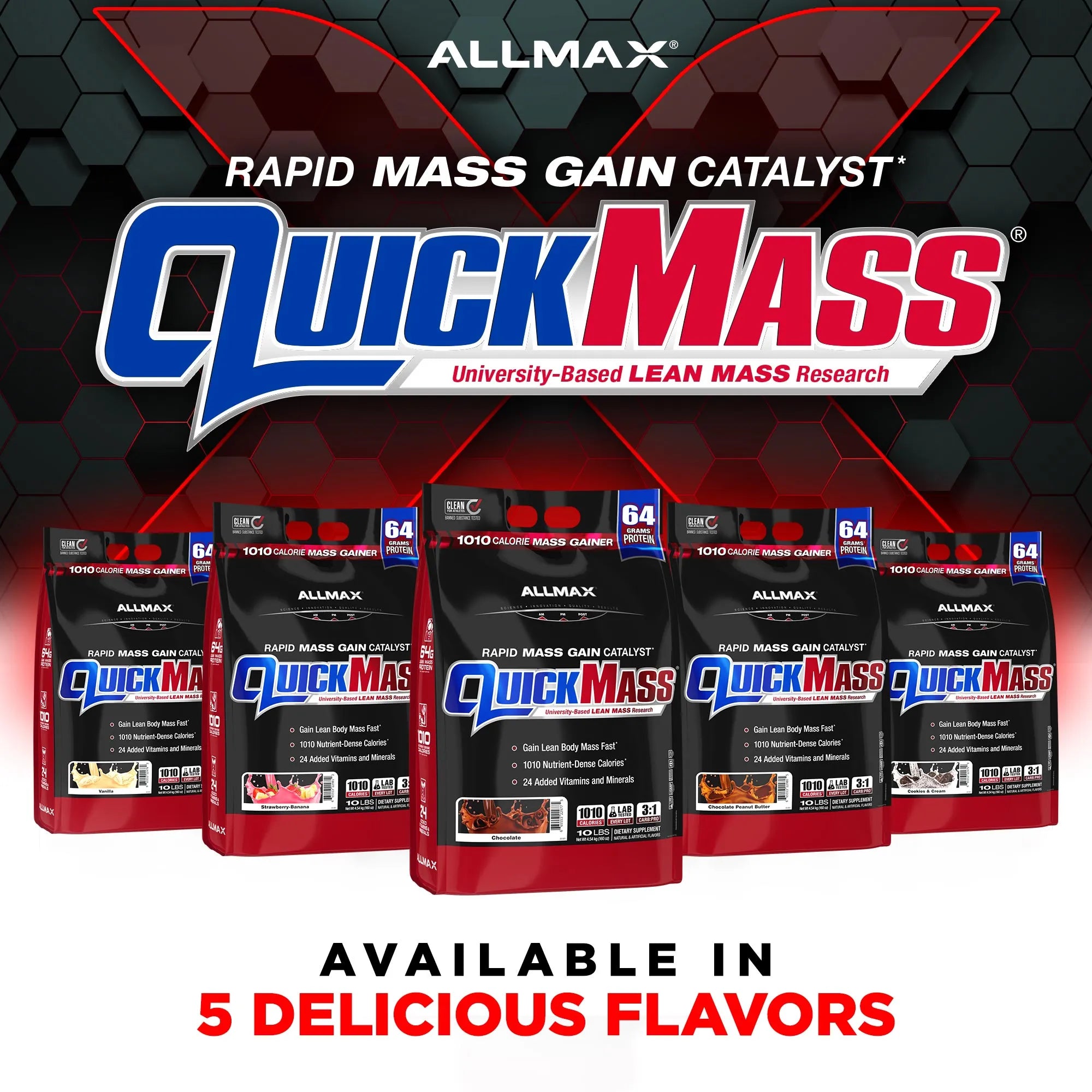 Promotional graphic for Allmax QuickMass Rapid Mass Gain Catalyst, showing five black and red bags of lean mass supplement powder against a dark hexagonal background with the brand logo and text 'AVAILABLE IN 5 DELICIOUS FLAVOURS'.