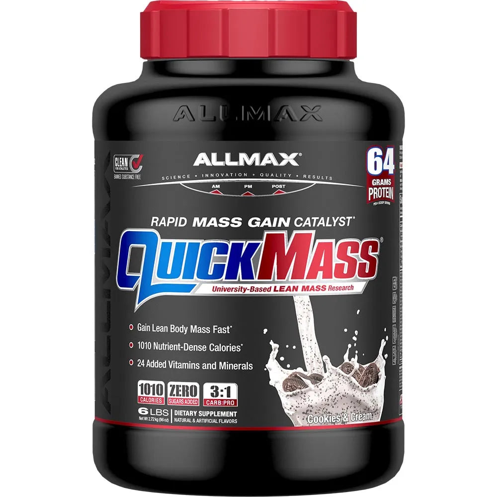 A black plastic tub of Allmax QuickMass Rapid Mass Gain Catalyst with a red cap, shown on a plain white background.